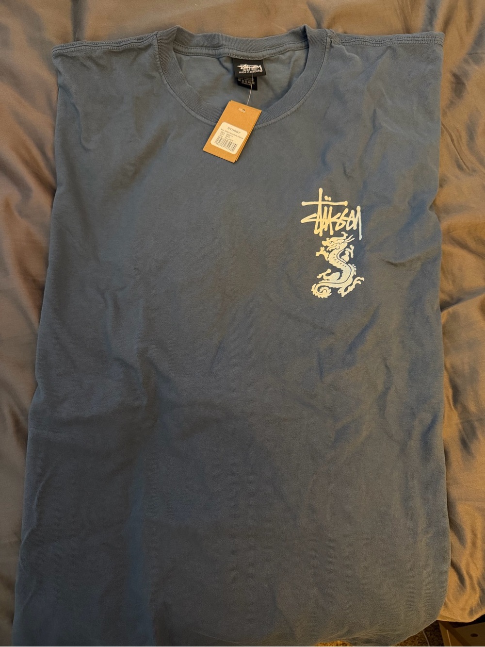 Stussy Navy Tee with White Dragon Chest Graphic
